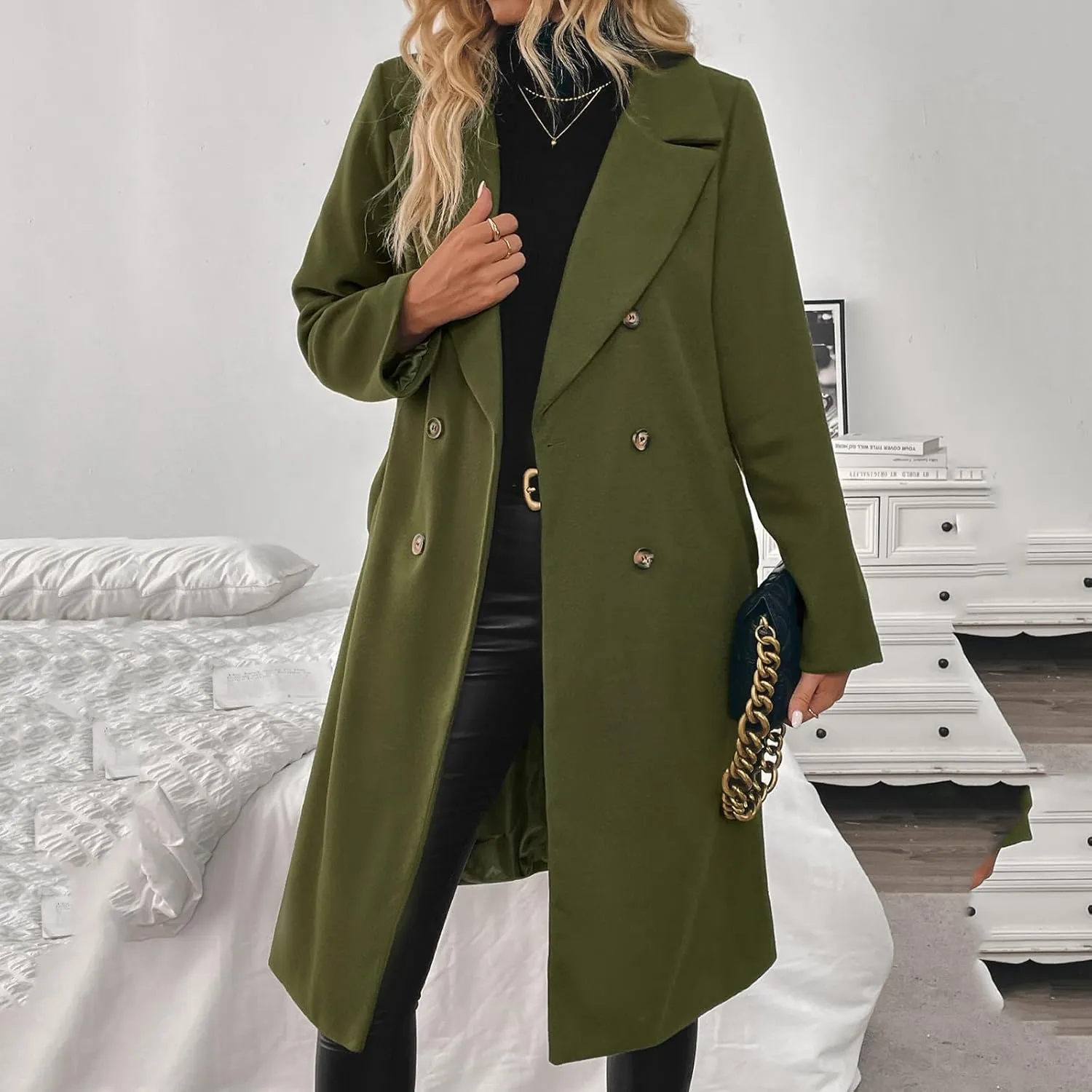 Lmdudan Womens Notched Lapel Collar Trench Coat Double Breasted Pea Coat Winter Wool Blend Over Coats Fashion Long Jackets