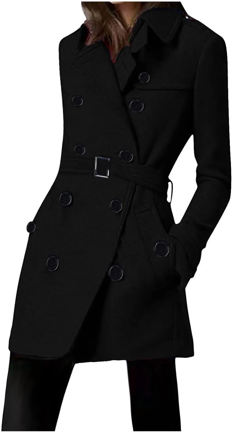 Lmdudan Women's Oversized Trench Coat Long Double Breasted Peacoat Outerwear Knee Length Loose Jacket Coats with Pockets