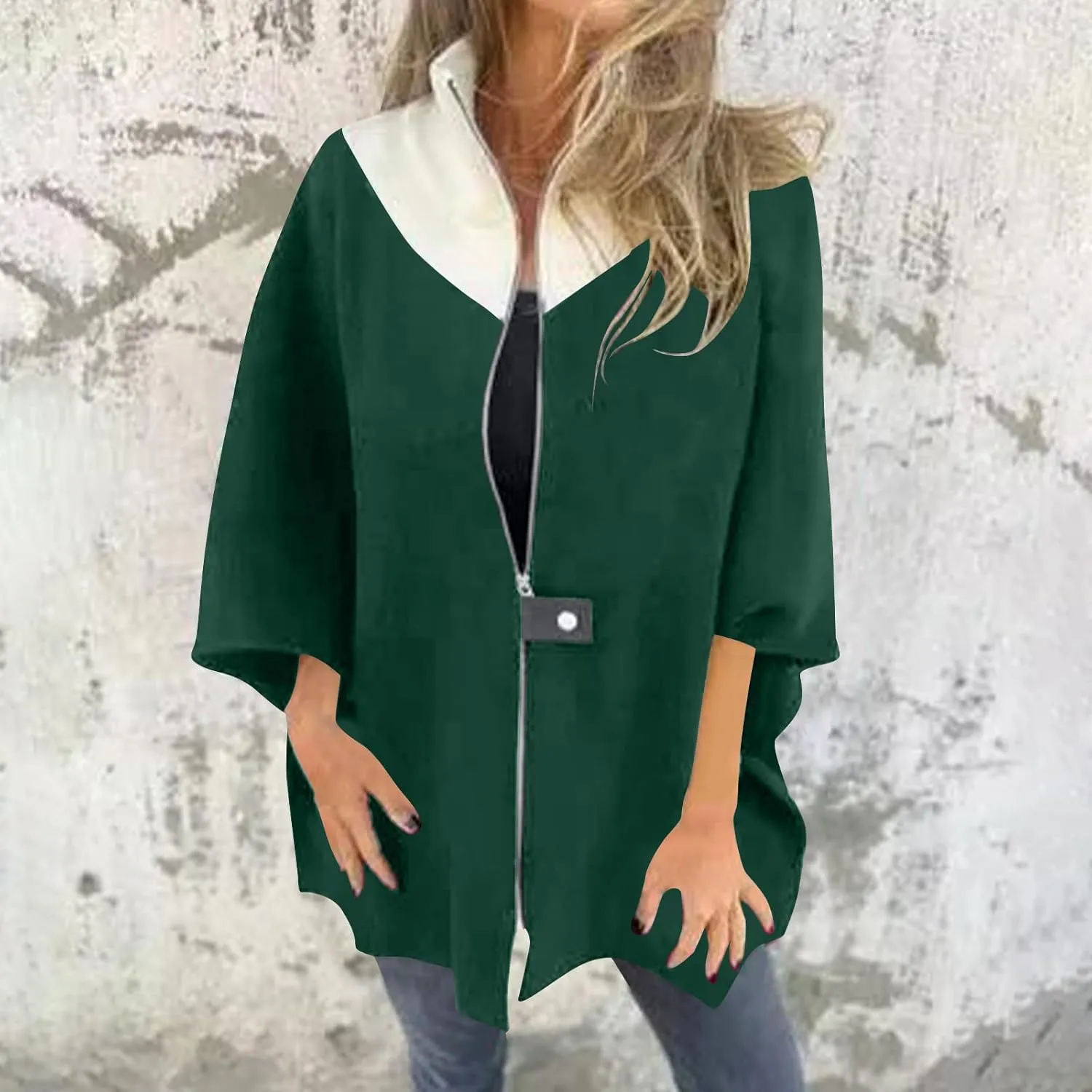 Lmdudan Women's Zip Up Wool Blend Coats Plus Size Color Block Stand Collar Side Slit Trench Coat Casual Long Sleeve Cardigan
