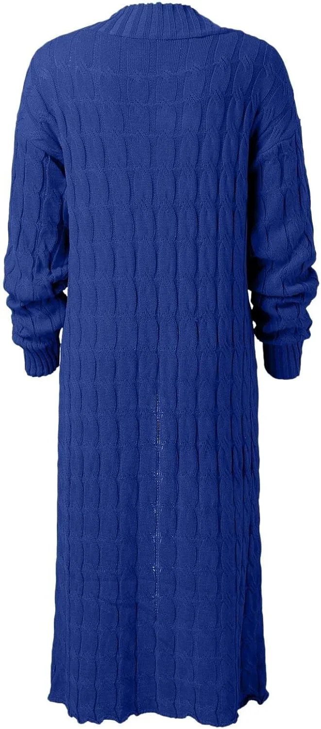 Long Cardigan for Women Long Sleeve Cable Knit Loose Plain Fall Winter Trench Coat with Pocket Ankle Length Warm Trendy