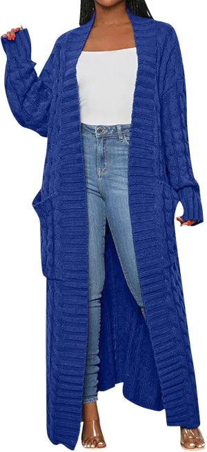 Long Cardigan for Women Long Sleeve Cable Knit Loose Plain Fall Winter Trench Coat with Pocket Ankle Length Warm Trendy
