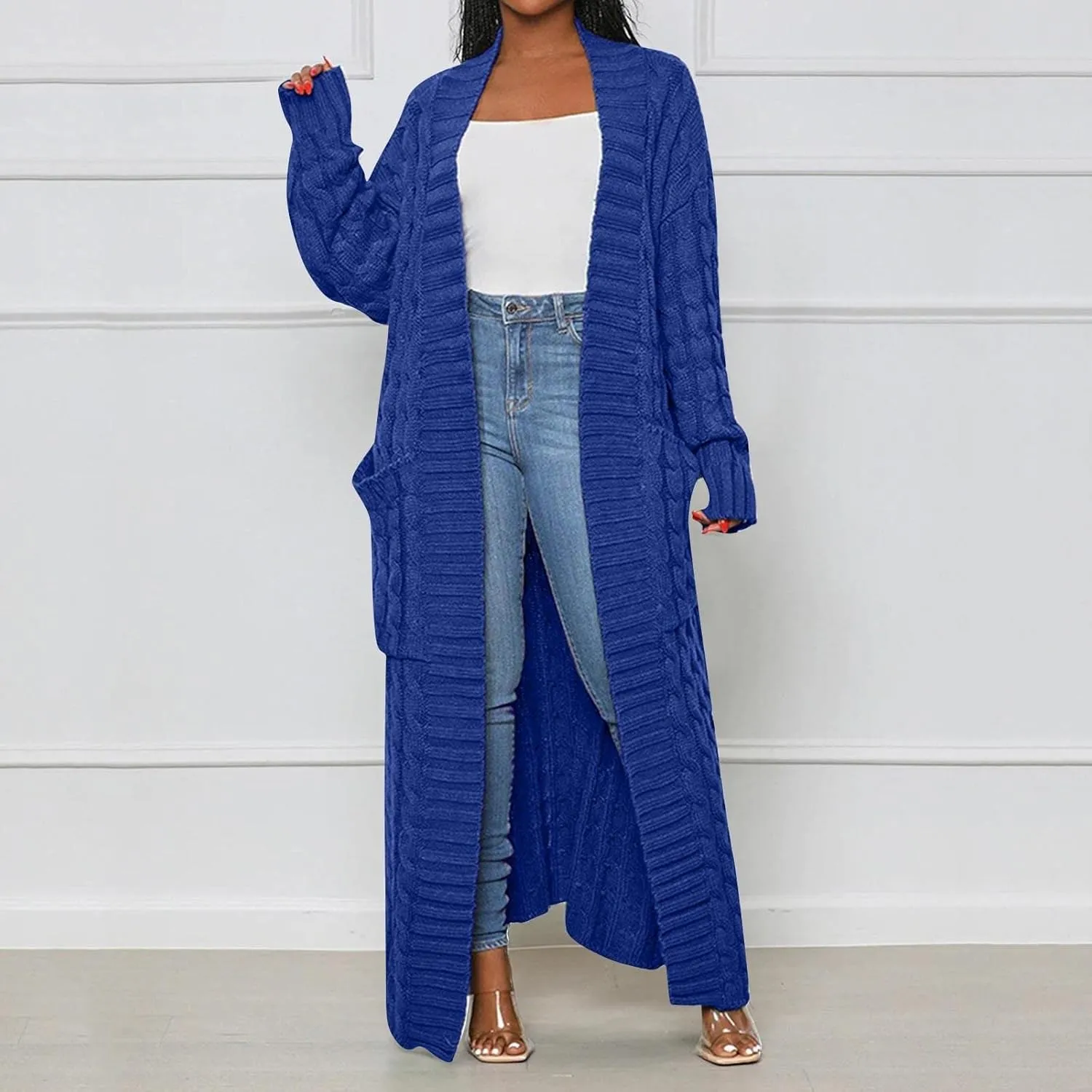 Long Cardigan for Women Long Sleeve Cable Knit Loose Plain Fall Winter Trench Coat with Pocket Ankle Length Warm Trendy