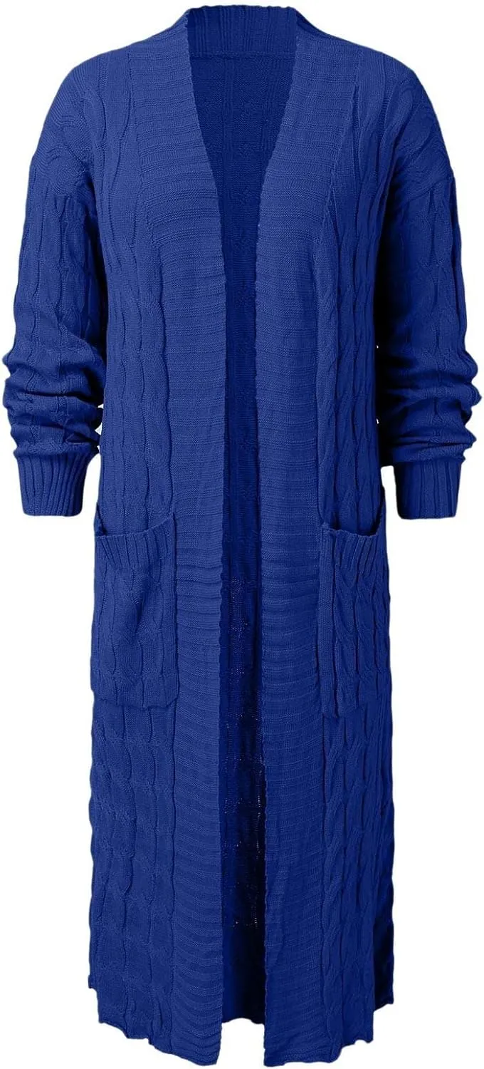 Long Cardigan for Women Long Sleeve Cable Knit Loose Plain Fall Winter Trench Coat with Pocket Ankle Length Warm Trendy