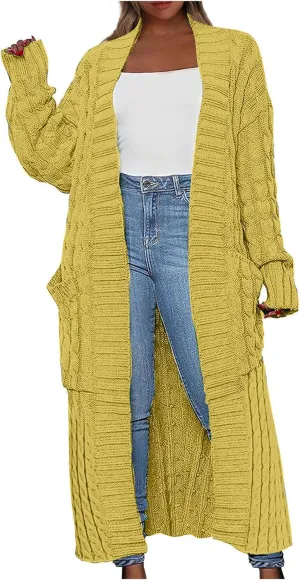 Long Cardigan Sweaters for Women Casual Cable Knit Chunky Sweater Coats Solid Color Trendy Comfy Maxi Outerwear