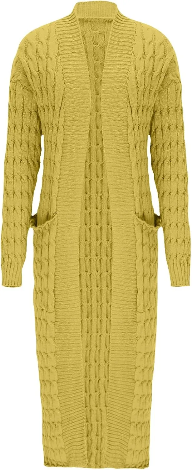 Long Cardigan Sweaters for Women Casual Cable Knit Chunky Sweater Coats Solid Color Trendy Comfy Maxi Outerwear