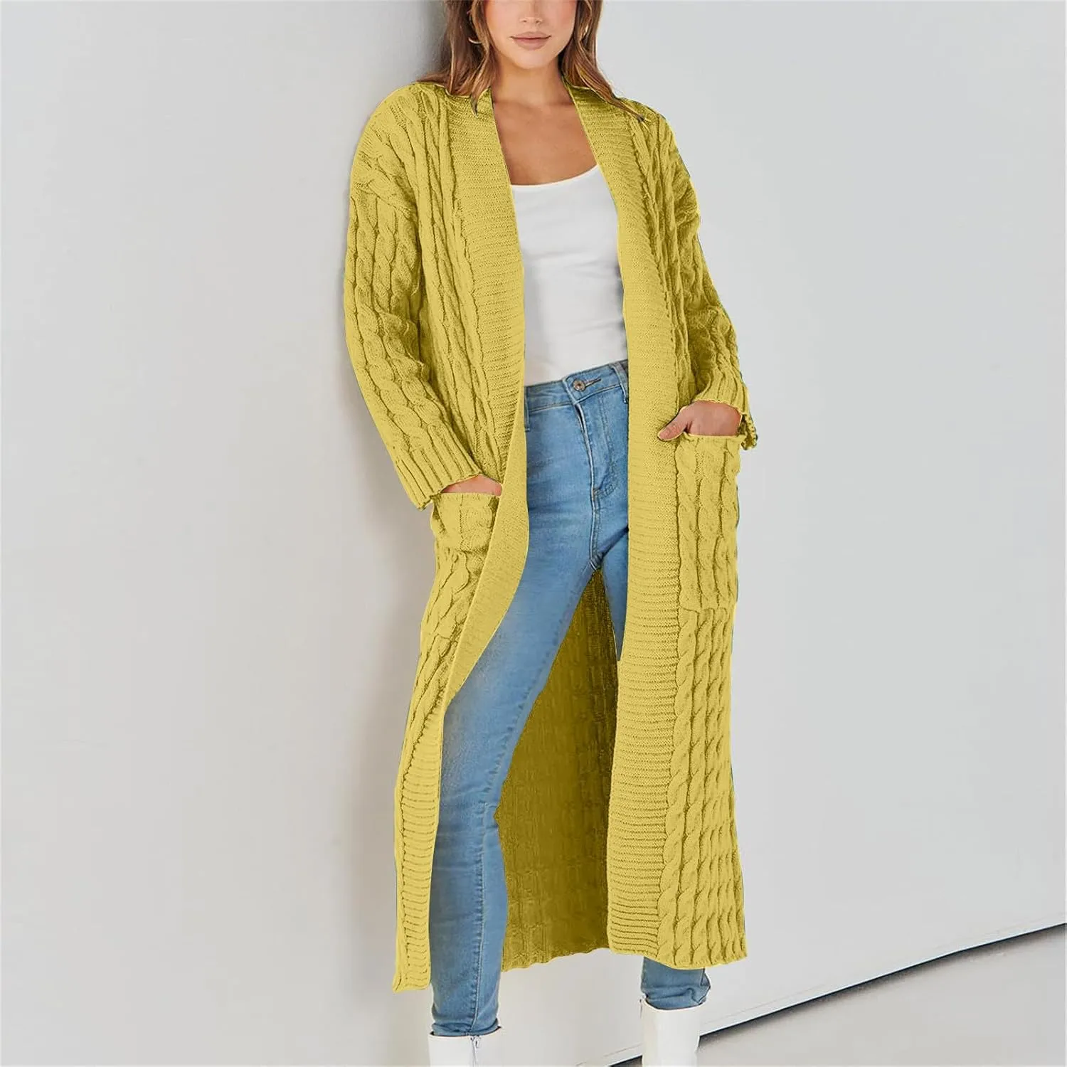 Long Cardigan Sweaters for Women Casual Cable Knit Chunky Sweater Coats Solid Color Trendy Comfy Maxi Outerwear