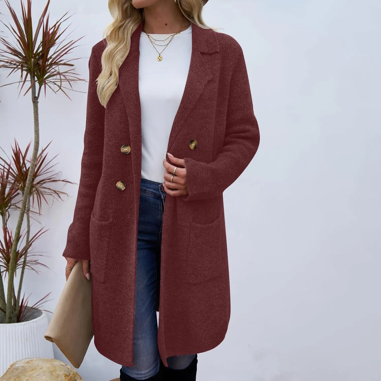 Long Cardigan Sweaters for Women Pea Trench Coats Mid Length Button Up Knit Cardigan Oversized Winter Jacket Trendy