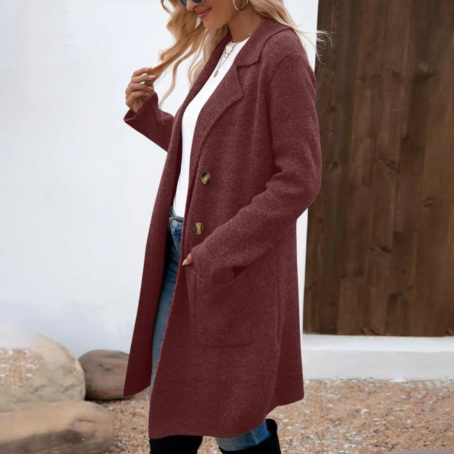 Long Cardigan Sweaters for Women Pea Trench Coats Mid Length Button Up Knit Cardigan Oversized Winter Jacket Trendy