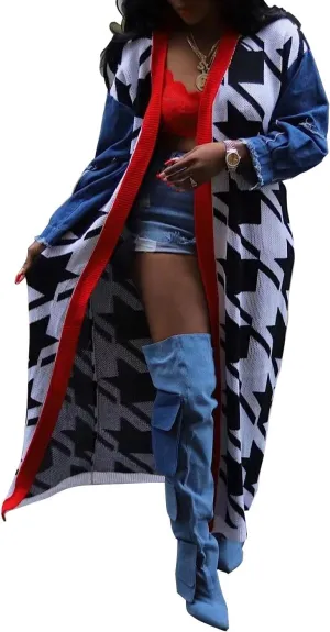Long Cardigans Sweater for Women Cable Knit Patchwork Open Front Long Coats Outwear