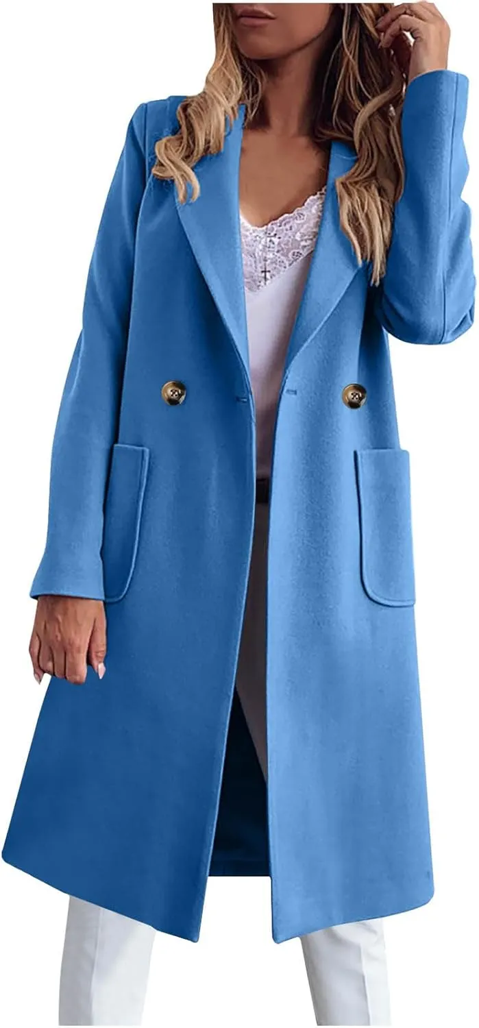 Long Jackets for Women Trendy Open Front Jacket Double Breasted Outwear Casual Winter Trench Coat with Pocket