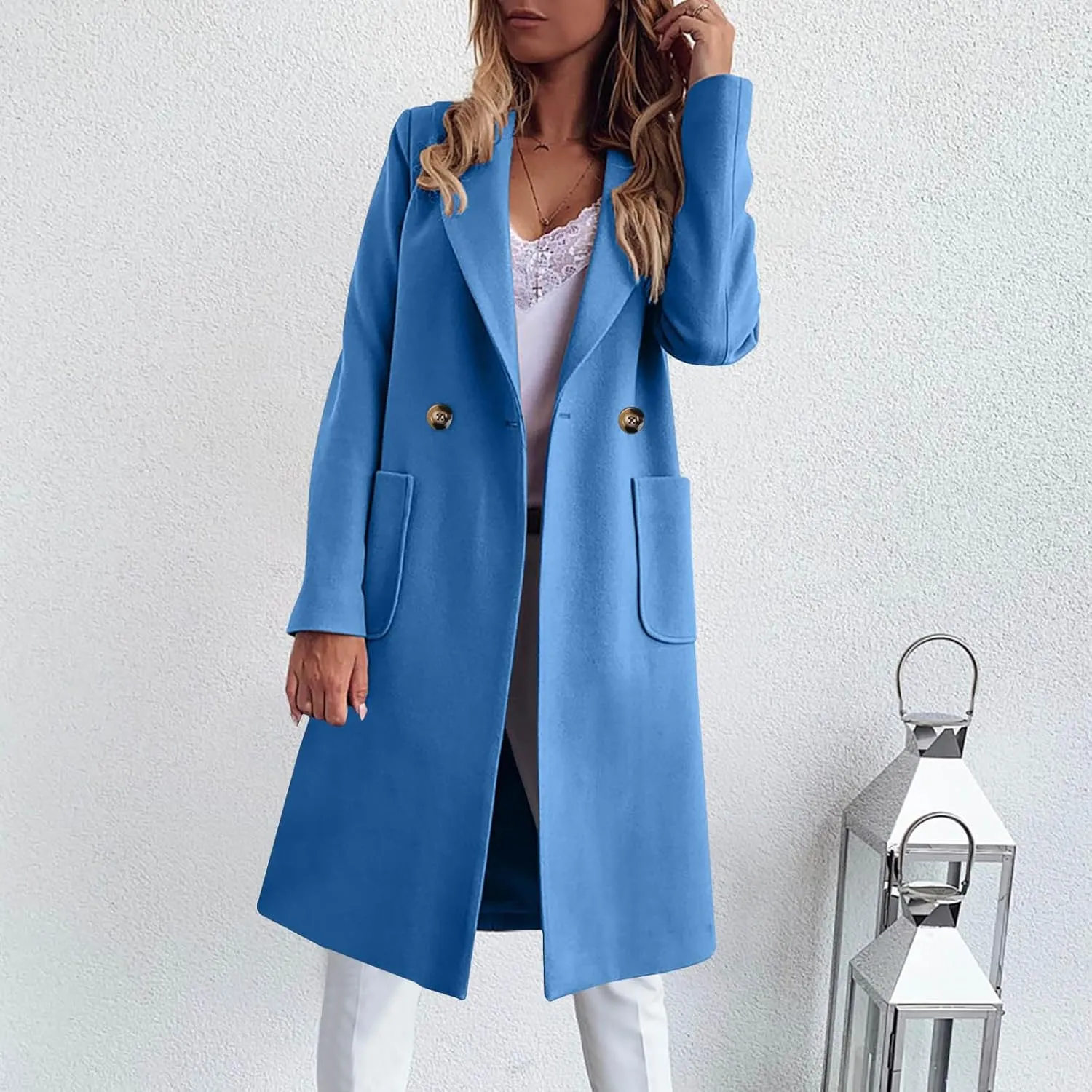 Long Jackets for Women Trendy Open Front Jacket Double Breasted Outwear Casual Winter Trench Coat with Pocket