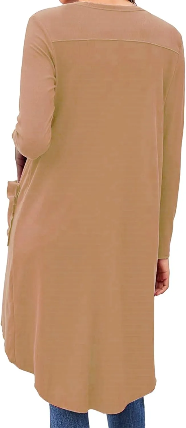 Long Open Front Cardigan for Women Button Down Knit Long Sleeve Cardigan Casual Jackets with Pockets