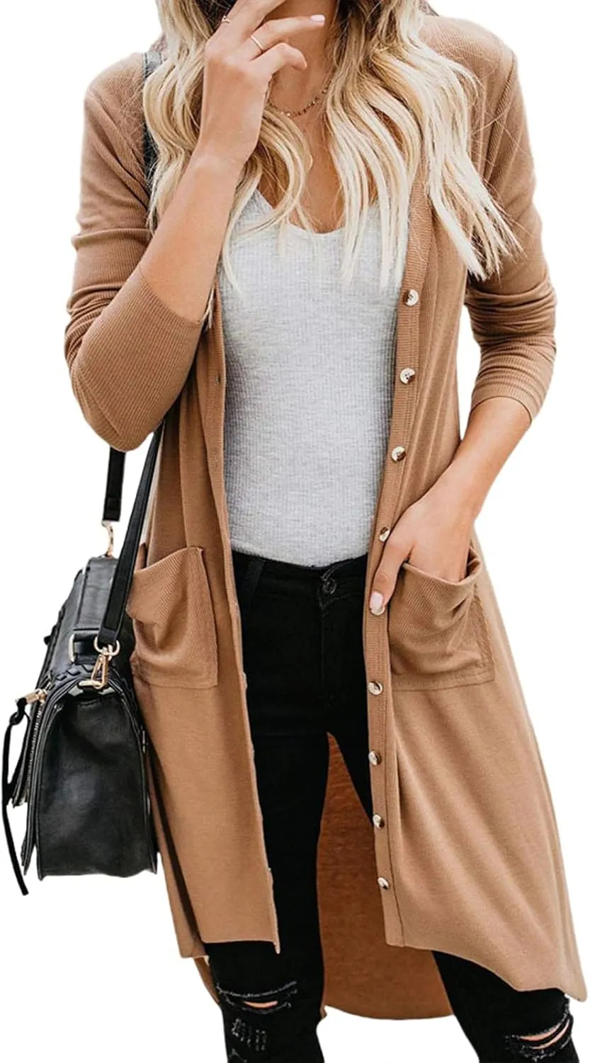 Long Open Front Cardigan for Women Button Down Knit Long Sleeve Cardigan Casual Jackets with Pockets