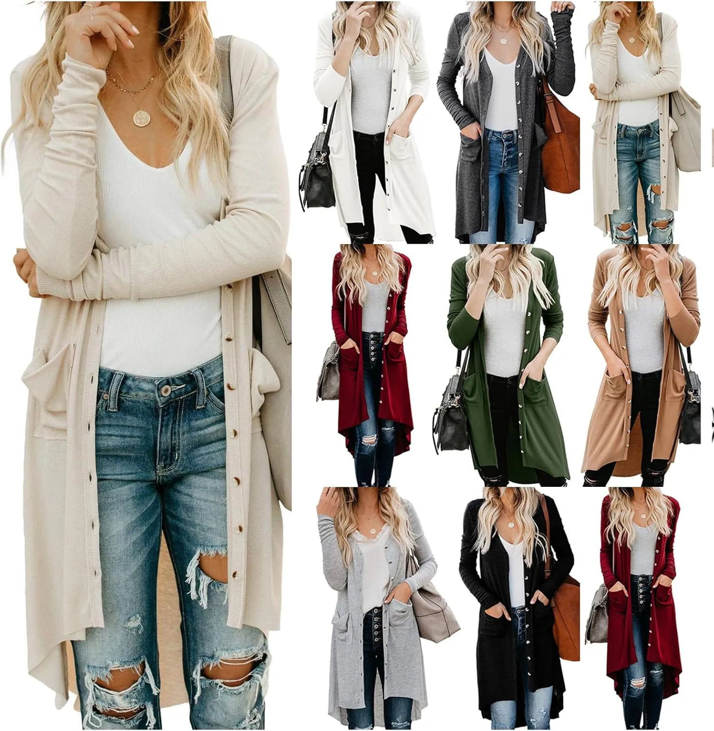Long Open Front Cardigan for Women Button Down Knit Long Sleeve Cardigan Casual Jackets with Pockets