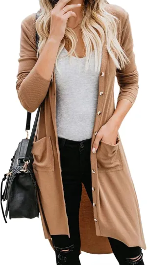 Long Open Front Cardigan for Women Button Down Knit Long Sleeve Cardigan Casual Jackets with Pockets