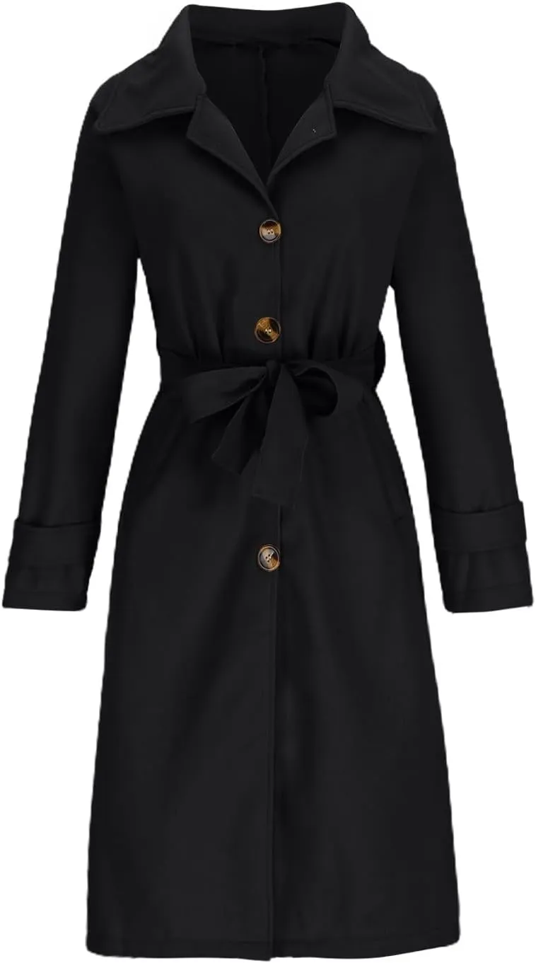 Long Pea Coat for Women Single Breasted Wool Trench Coats Oversized Lapel Cardigan Jacket Winter Outerwear with Belt