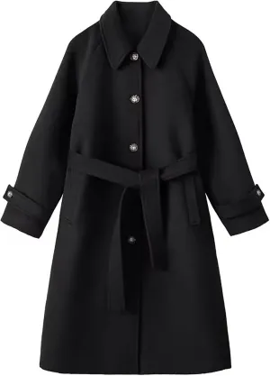 Long Pea Coat for Women Single Breasted Wool Trench Coats Oversized Lapel Cardigan Jacket Winter Outerwear with Belt