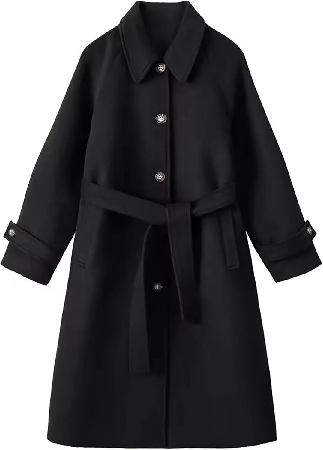 Long Pea Coat for Women Single Breasted Wool Trench Coats Oversized Lapel Cardigan Jacket Winter Outerwear with Belt