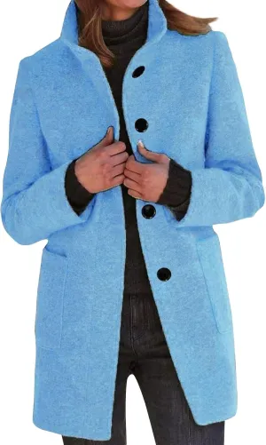 Long Pea Coats for Women Winter Stand Collar Single Breasted Wool Coats Wool Blend Peacoat Thicken Blazer Jacket