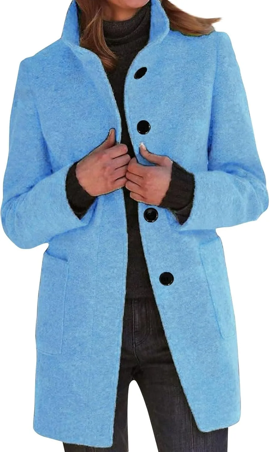 Long Pea Coats for Women Winter Stand Collar Single Breasted Wool Coats Wool Blend Peacoat Thicken Blazer Jacket