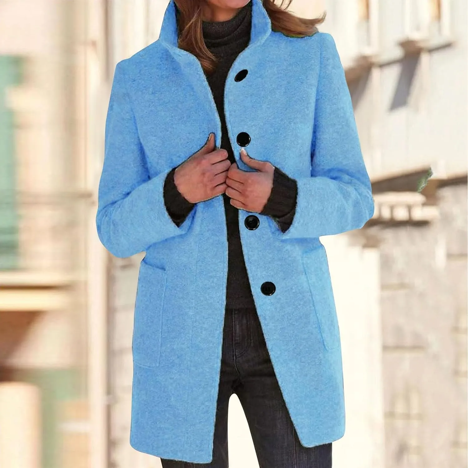 Long Pea Coats for Women Winter Stand Collar Single Breasted Wool Coats Wool Blend Peacoat Thicken Blazer Jacket