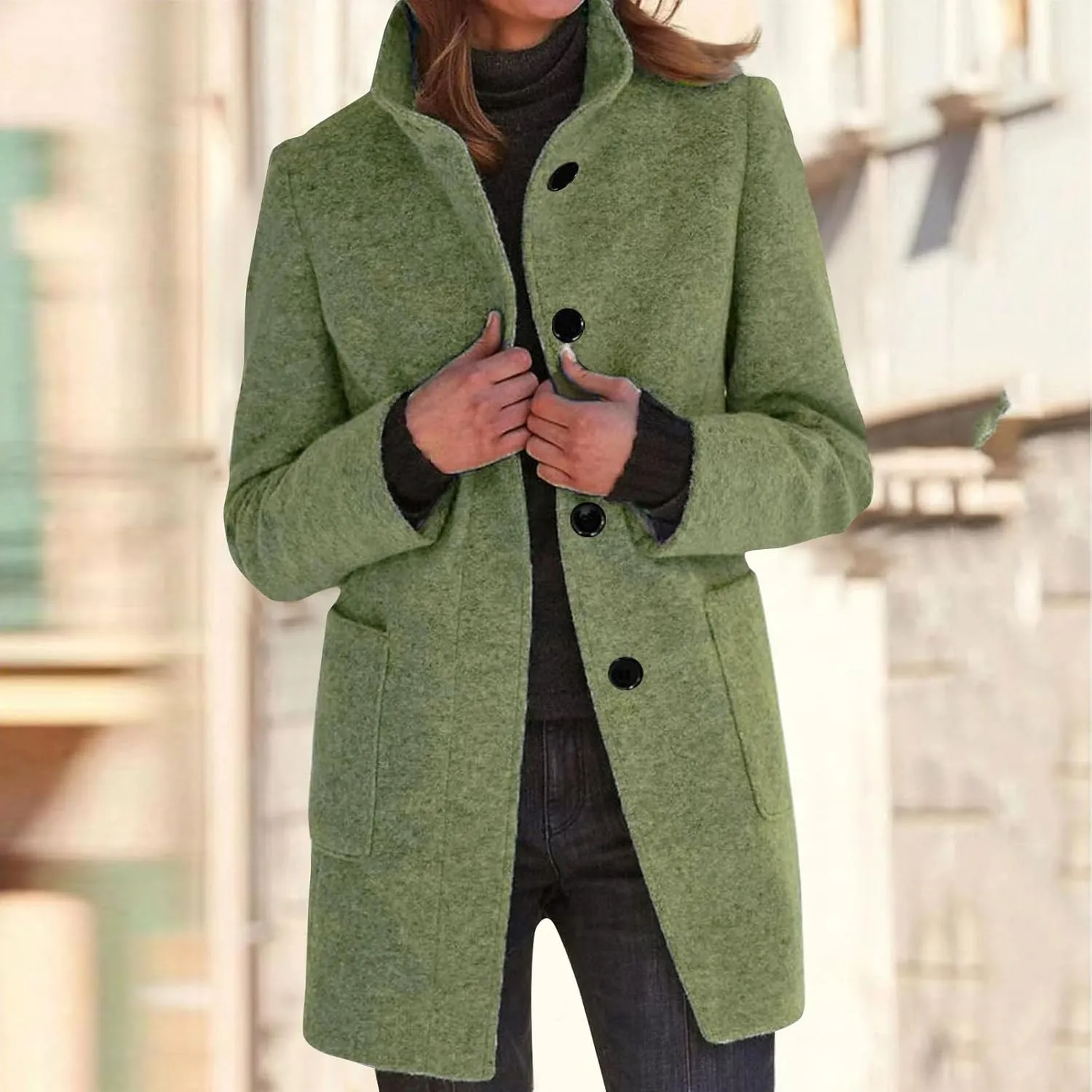 Long Pea Coats for Women Winter Stand Collar Single Breasted Wool Coats Wool Blend Peacoat Thicken Blazer Jacket