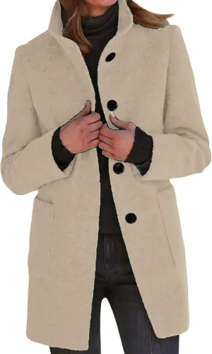 Long Pea Coats for Women Winter Stand Collar Single Breasted Wool Coats Wool Blend Peacoat Thicken Blazer Jacket