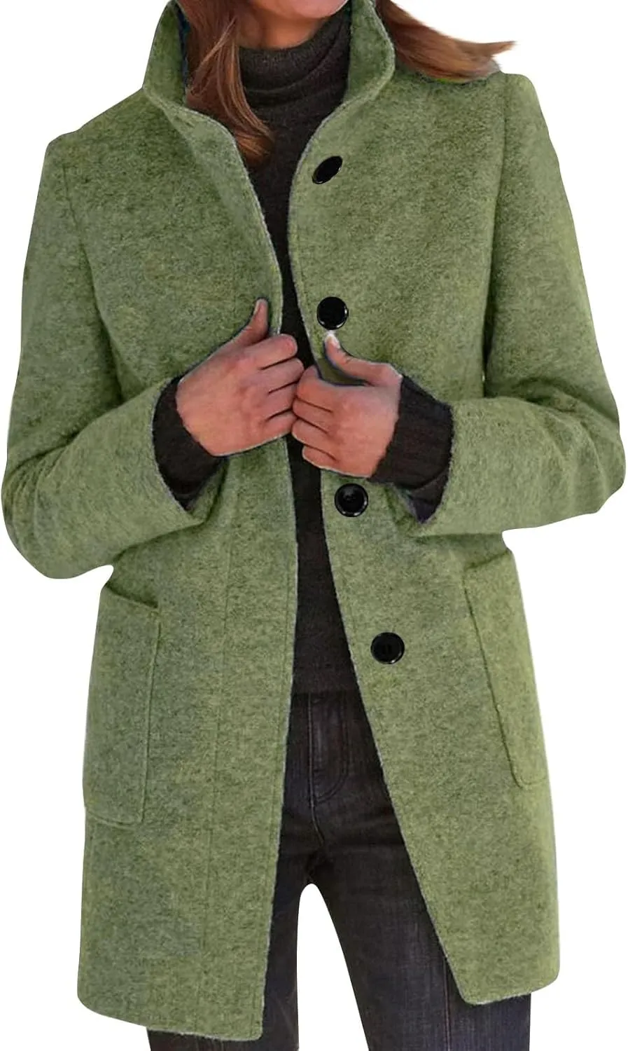 Long Pea Coats for Women Winter Stand Collar Single Breasted Wool Coats Wool Blend Peacoat Thicken Blazer Jacket