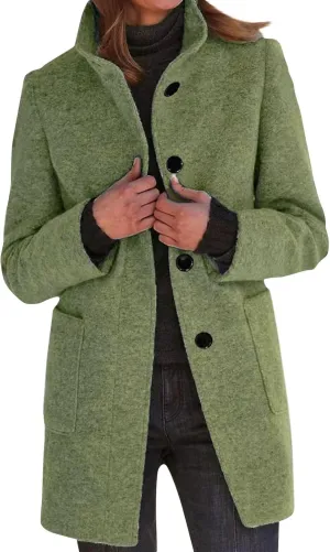 Long Pea Coats for Women Winter Stand Collar Single Breasted Wool Coats Wool Blend Peacoat Thicken Blazer Jacket