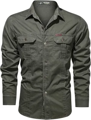 Long Sleeve Work Shirts for Men Button Down Lapel Collar Slim Fit Pockets Jacket Cargo Casual Fashion Hiking Outwear