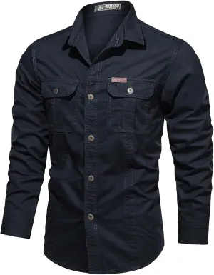 Long Sleeve Work Shirts for Men Button Down Lapel Collar Slim Fit Pockets Jacket Cargo Casual Fashion Hiking Outwear