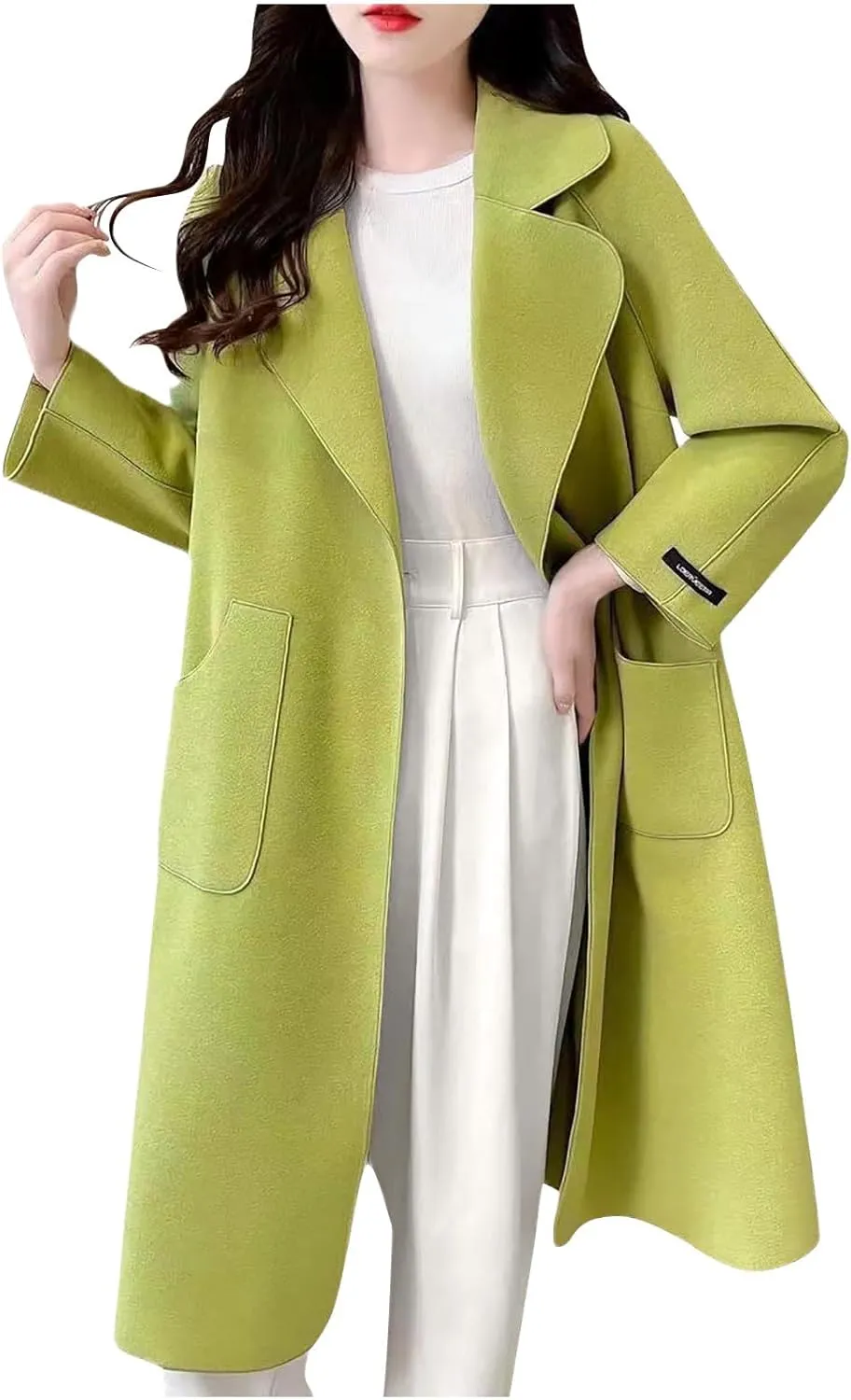 Long Trench Coat for Women Notch Lapel Pea Coat Plus Size Wool Blend Coats Open Front Cardigan Dressy Winter Coat