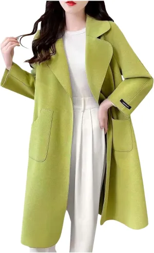 Long Trench Coat for Women Notch Lapel Pea Coat Plus Size Wool Blend Coats Open Front Cardigan Dressy Winter Coat