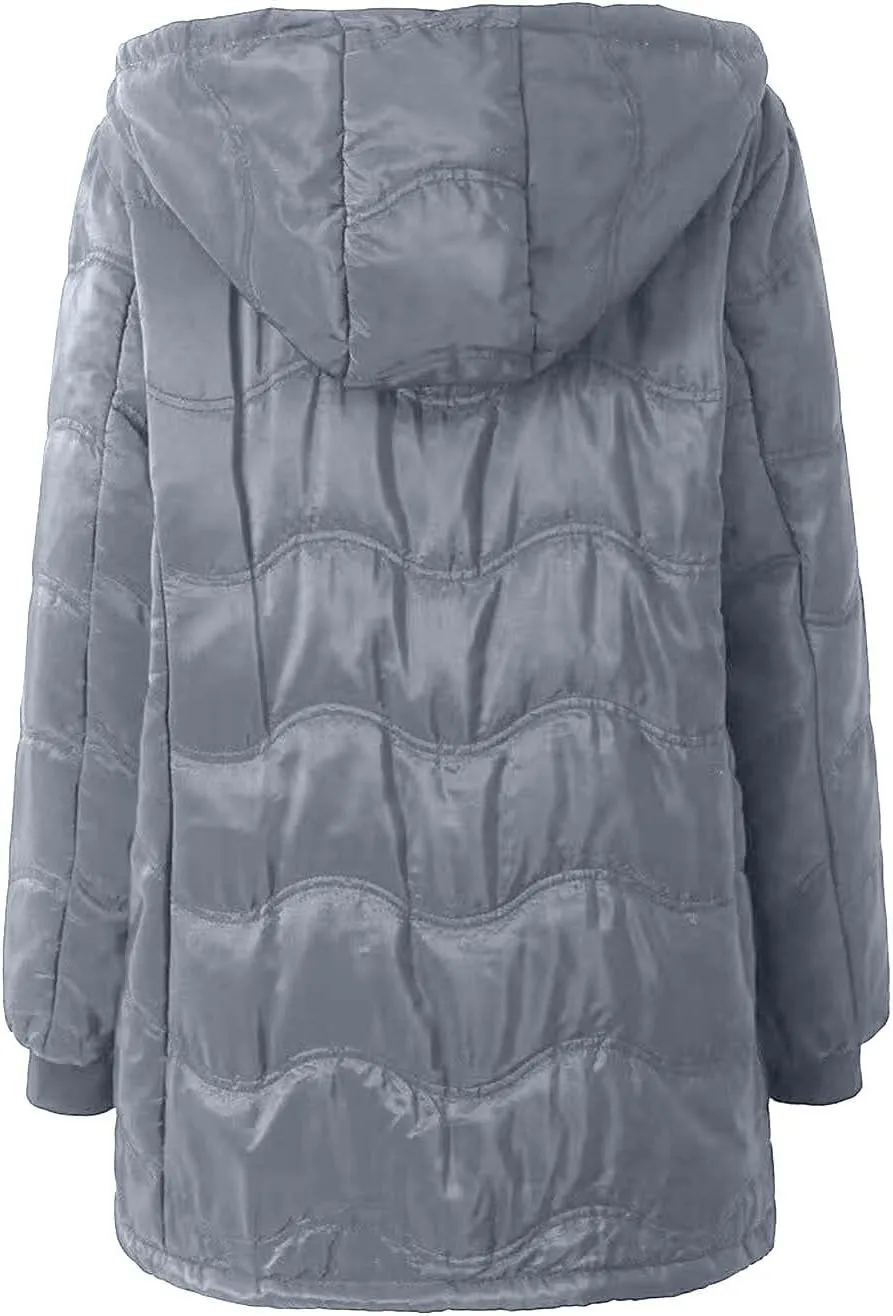 Long Winter Coats for Women Fleece Lined Warm Hooded Quilted Puffer Jacket Thickened Fleece Down Parka Maxi Coat