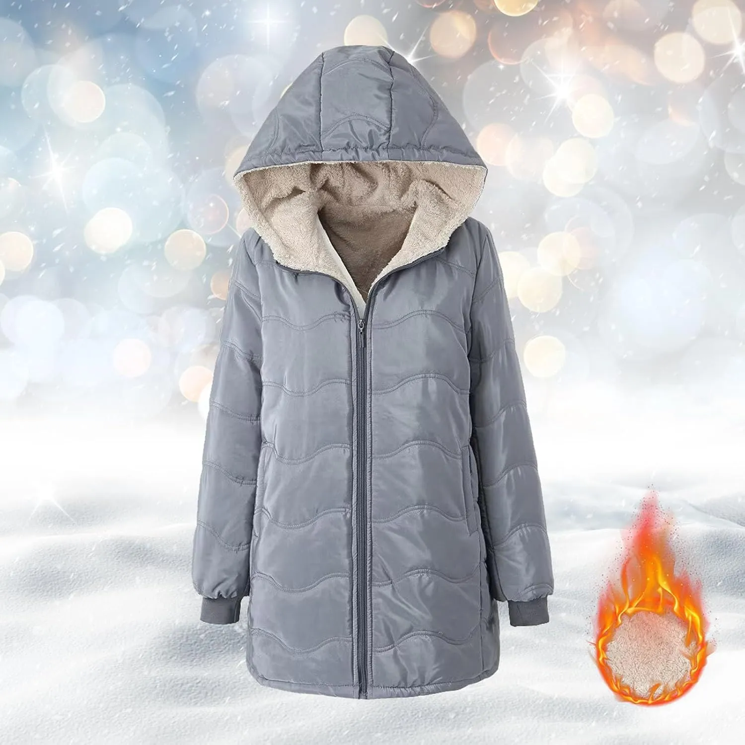 Long Winter Coats for Women Fleece Lined Warm Hooded Quilted Puffer Jacket Thickened Fleece Down Parka Maxi Coat