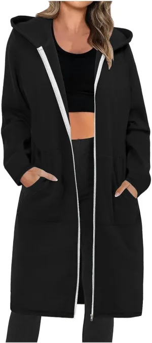 Long Zip Up Hoodie Women Lightweight Womens Zip Up Fleece Lined Long Hoodie Jacket Tunic Sweatshirt Blazer Oversized