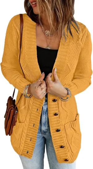 luvamia Womens Long Sleeve Open Front Buttons Cable Knit Pocket Sweater Cardigan
