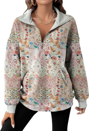MARSVOVO Patchwork Quarter Zip Pullover Women Trendy Collar Sweatshirt Casual Slim Fit Spring Fall Long Sleeve Shirts
