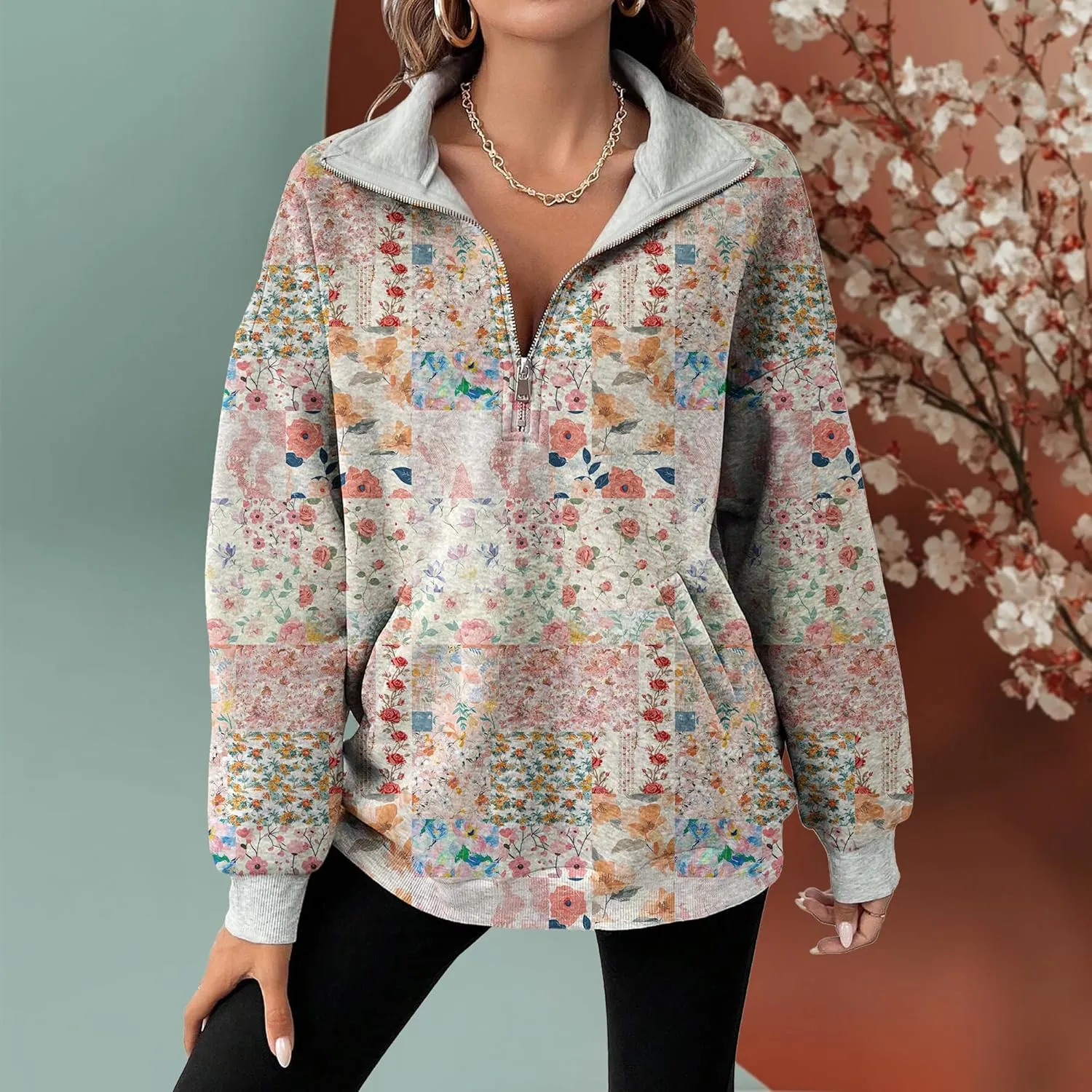 MARSVOVO Patchwork Quarter Zip Pullover Women Trendy Collar Sweatshirt Casual Slim Fit Spring Fall Long Sleeve Shirts