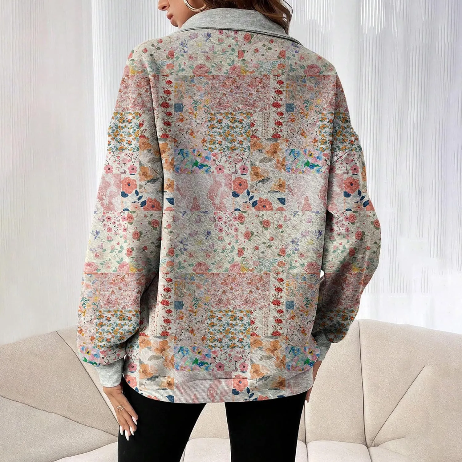 MARSVOVO Patchwork Quarter Zip Pullover Women Trendy Collar Sweatshirt Casual Slim Fit Spring Fall Long Sleeve Shirts