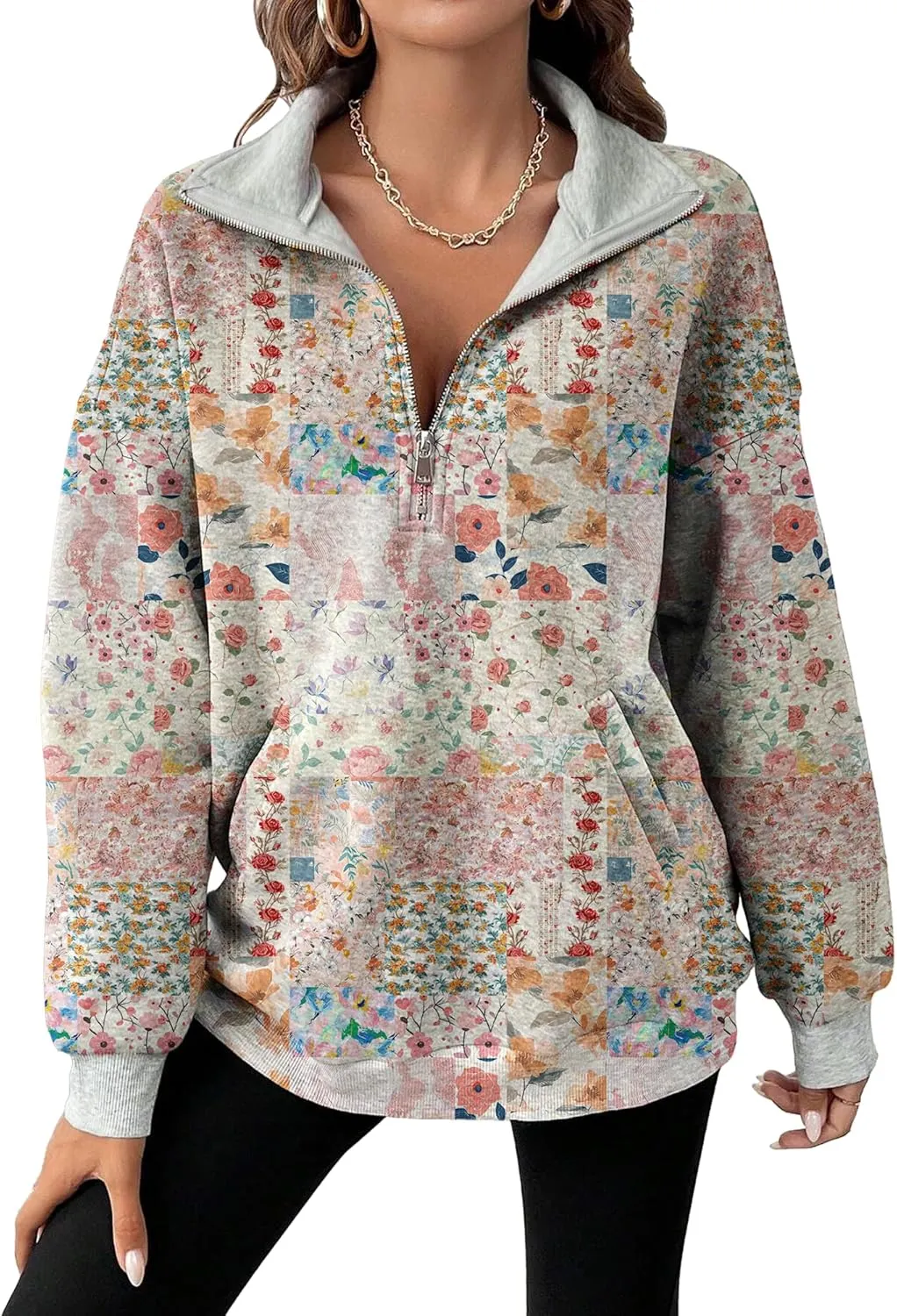 MARSVOVO Patchwork Quarter Zip Pullover Women Trendy Collar Sweatshirt Casual Slim Fit Spring Fall Long Sleeve Shirts