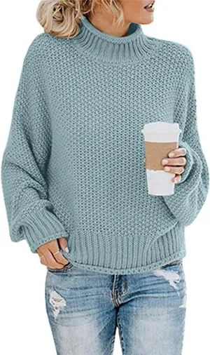 Masbird Winter Sweaters for Women 2021 Turtleneck Batwing Sleeve Loose Oversized Chunky Knitted Pullover Sweater Jumper Tops Blue