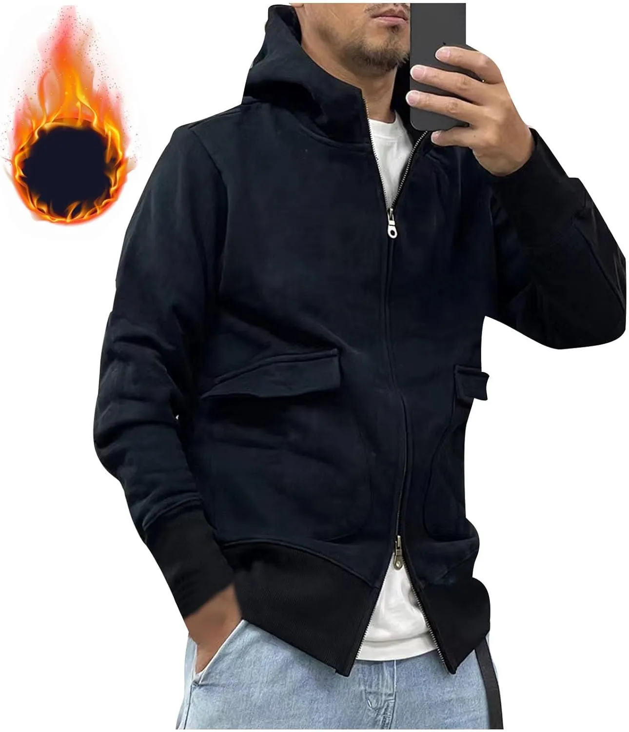 Men Cardigan Hoodies Collar Cardigans Slim Fit Zipper Cardigan Sweater with Front Big Pockets Solid Sweater Hiking