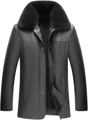 Men Leather Jacket Winter Coats Fleece Lined Sherpa Jackets Lapel PU Faux Leather Moto Biker Coat Motorcycle Overcoat