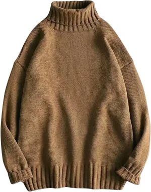 Men Turtleneck Knit Sweater Fall Winter Thick Warm Casual Loose Jumper Tops Oversize Hip Hop Drop Shoulder Sweaters