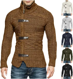 Men Turtleneck Sweater Vintage Button Chunky Knit Temperament Cardigan Jacket Zipper up Stand Collar Knitwear Tops