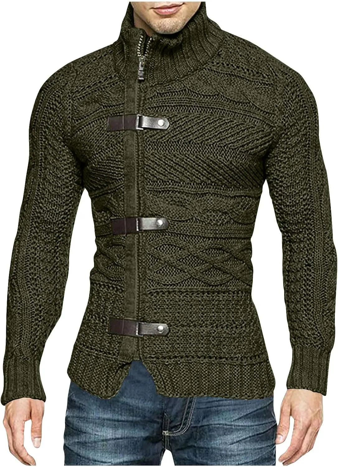 Men Turtleneck Sweater Vintage Button Chunky Knit Temperament Cardigan Jacket Zipper up Stand Collar Knitwear Tops