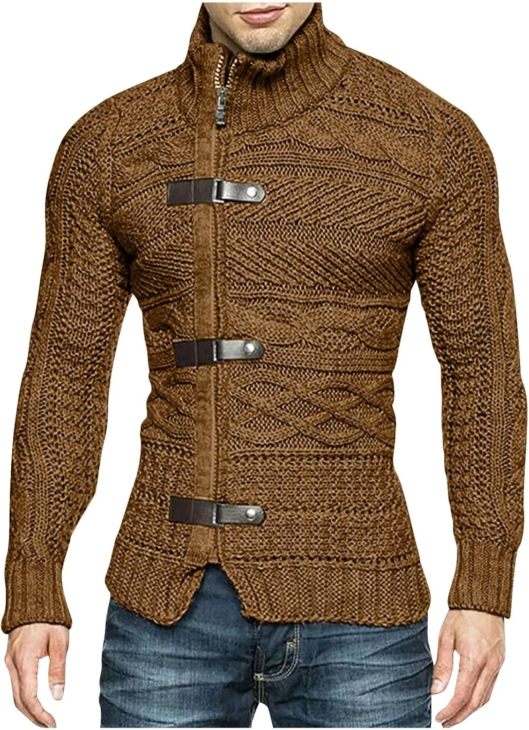 Men Turtleneck Sweater Vintage Button Chunky Knit Temperament Cardigan Jacket Zipper up Stand Collar Knitwear Tops