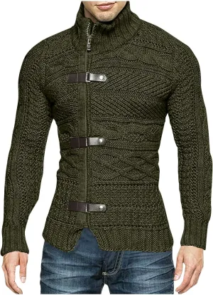 Men Turtleneck Sweater Vintage Button Chunky Knit Temperament Cardigan Jacket Zipper up Stand Collar Knitwear Tops