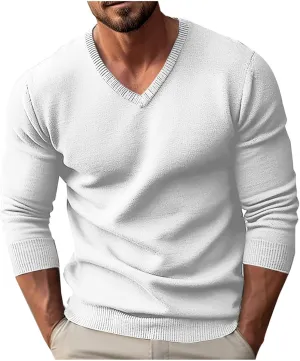 Men V Neck Sweater Long Sleeve Slim Fit Casual Pullover Tops Lightweight Comfy Knitted Dress Sweaters Fashion Clothes
